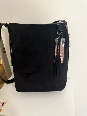 Black Suede Crossbody Bag with Tassel Charm